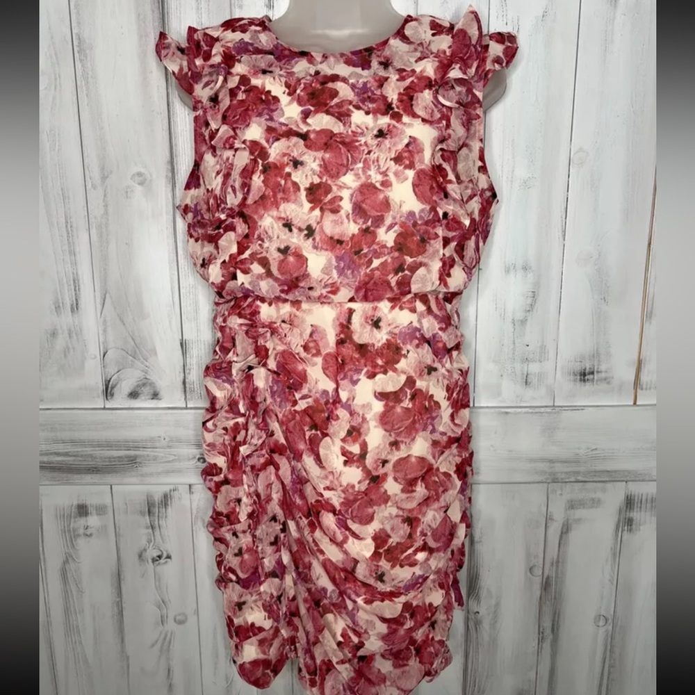 EXPRESS PINK CREAM FLORAL LINED CHIFFON RUCHED SLEEVELESS SHEATH DRESS XXS